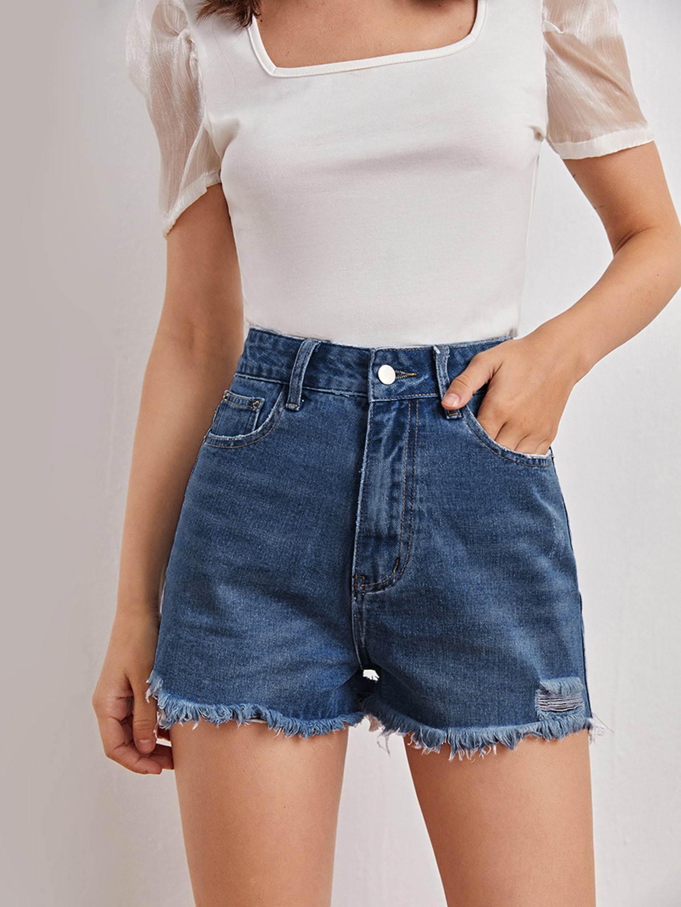Raw Hem Slant Pocket Denim Shorts - Epixior