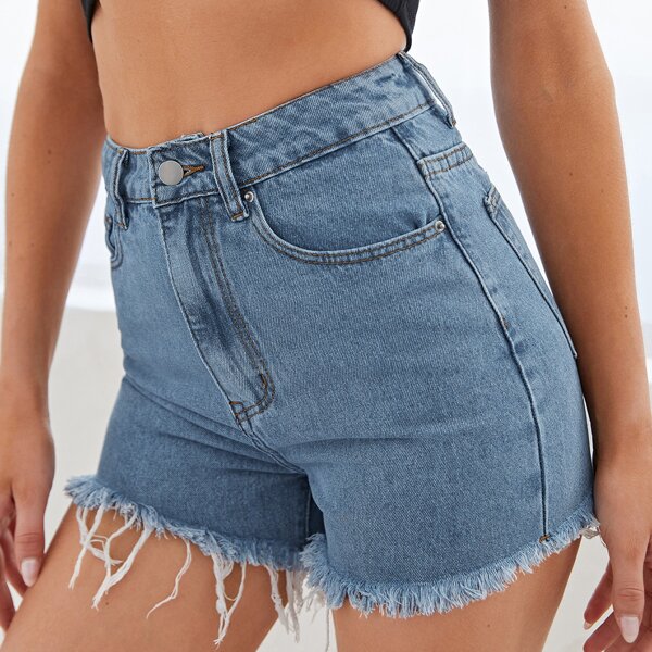 

High Waist Raw Hem Denim Shorts, Medium wash