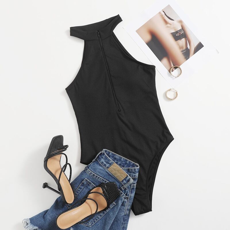

Rib Zip-up One Piece Swimsuit, Black