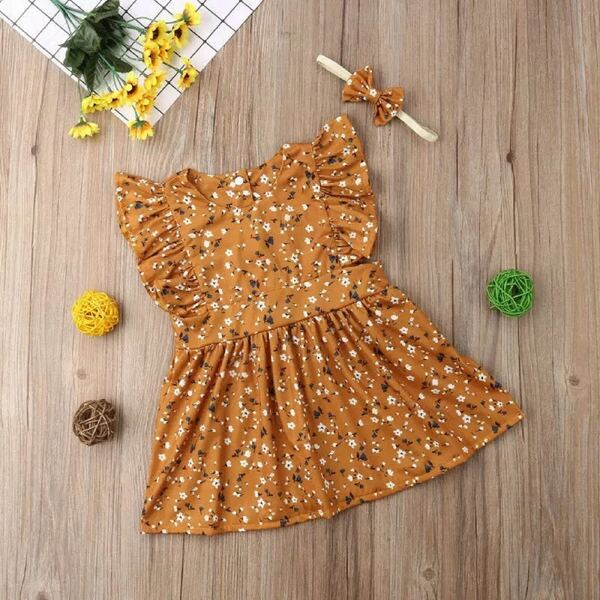 

Toddler Girls Ditsy Floral Ruffle Trim Dress & Headband, Mustard yellow