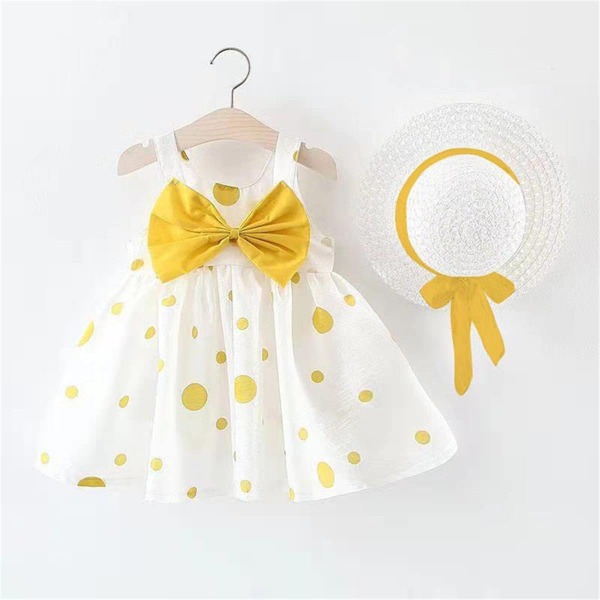

Toddler Girls Big Bow Polka Dot Dress With Hat, White