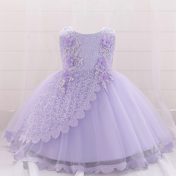 

Baby Girl Appliques Contrast Embroidery Lace Bow Back Gown Dress, Lilac purple