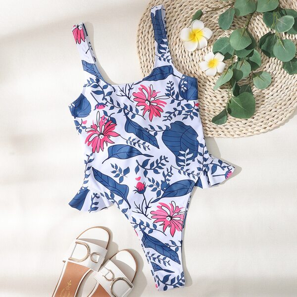 

Leaf & Floral Pattern Ruffle Trim One Piece Swimsuit, Multicolor