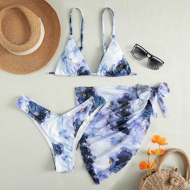 

3pack Marble Print Micro Triangle Bikini Swimsuit & Beach Skirt, Multicolor