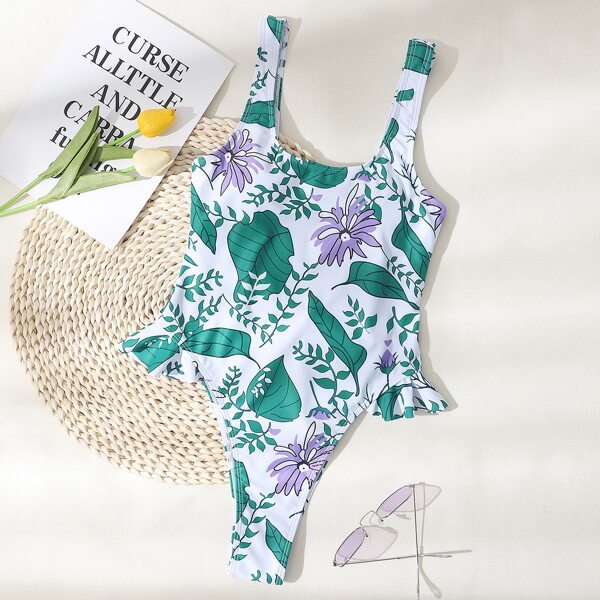 

Floral & Leaf Pattern One Piece Swimsuit, Dark green