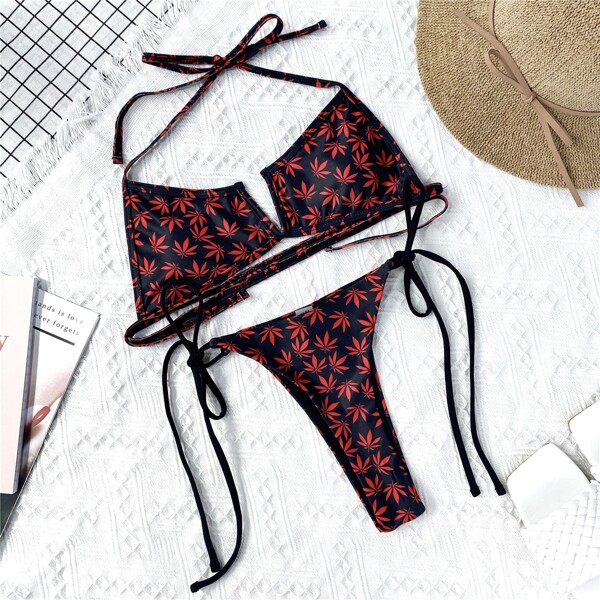 

V Wired Allover Leaf Pattern Halter Bikini Swimsuit, Red