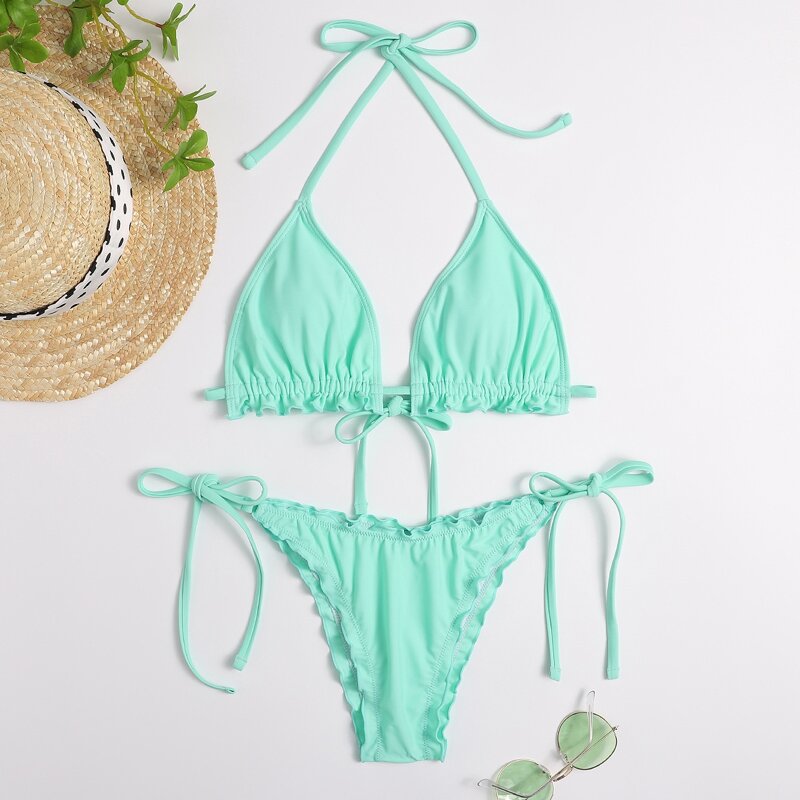 

Frill Micro Triangle Tie Side Bikini Swimsuit, Mint green