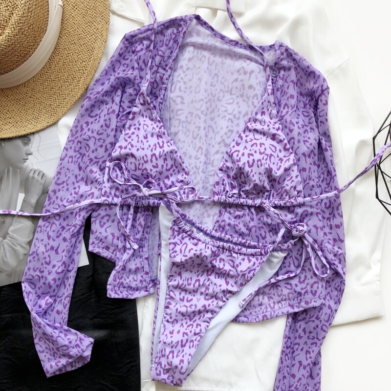 

3pack Leopard Micro Triangle Bikini Swimsuit & Kimono, Purple