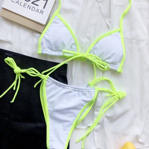 

Contrast Binding Micro Triangle Bikini Swimsuit, Multicolor