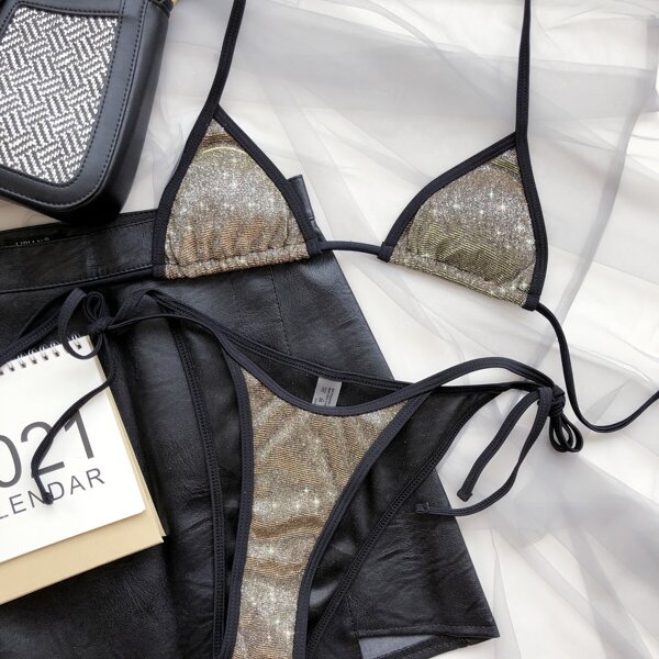 

Glitter Micro Triangle Tie Side Bikini Swimsuit, Gold