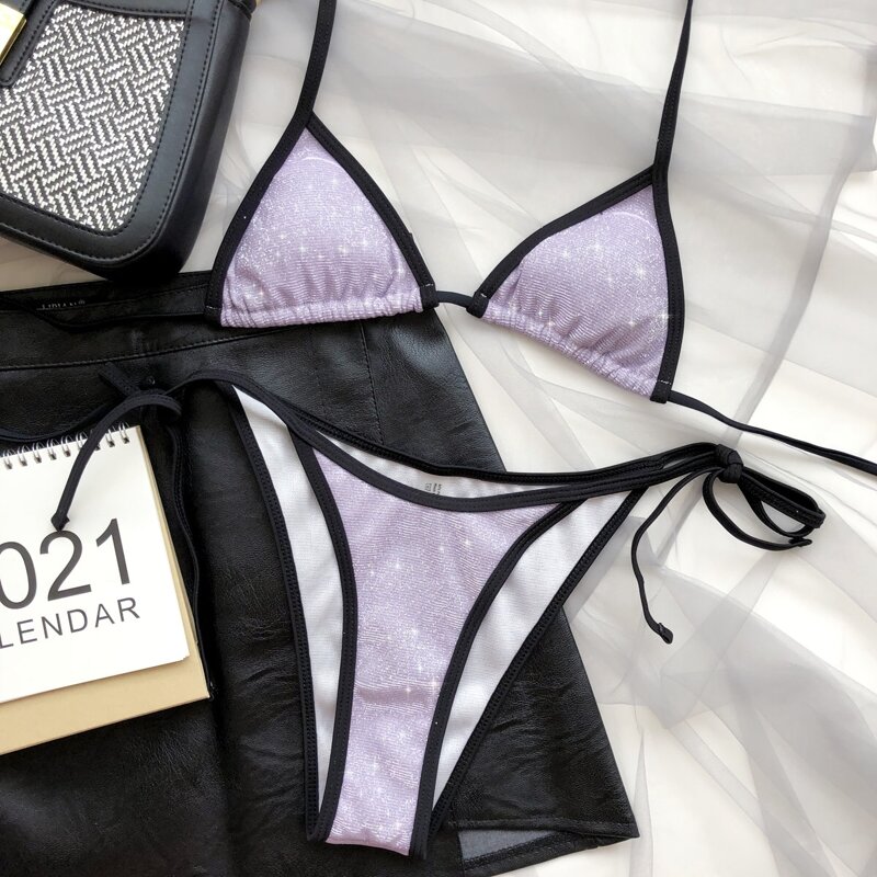 

Glitter Micro Triangle Tie Side Bikini Swimsuit, Purple