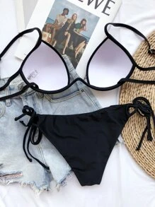 Conjunto De Bikini Con Lazo Lateral Push Up Para Vacaciones De Verano En La Playa - Negro - Ver 2