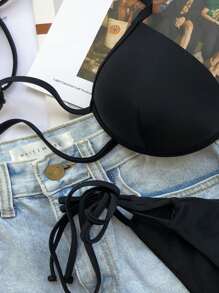 Conjunto De Bikini Con Lazo Lateral Push Up Para Vacaciones De Verano En La Playa - Negro - Ver 3