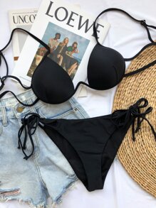 Conjunto De Bikini Con Lazo Lateral Push Up Para Vacaciones De Verano En La Playa - Negro - Ver 4