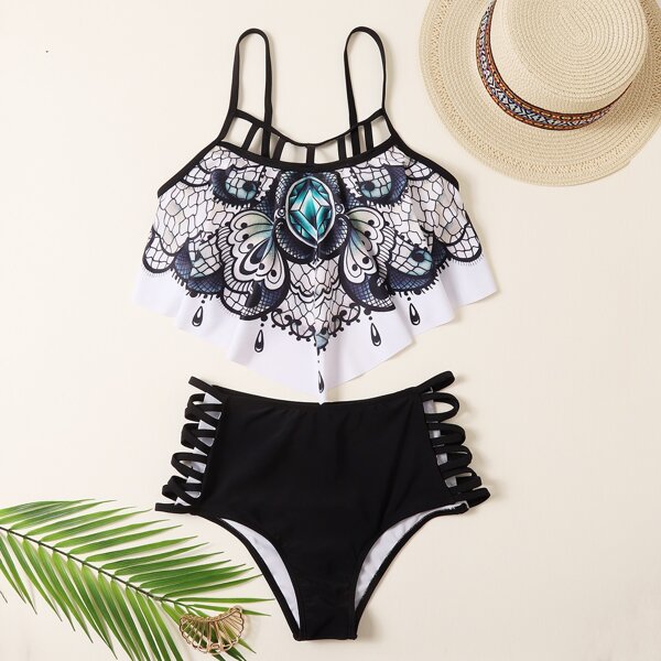 

Butterfly Print Cut-out Hanky Hem Bikini Swimsuit, Black and white