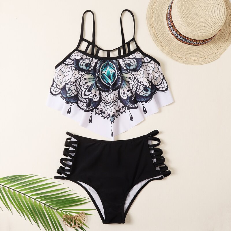 

Butterfly Print Cut-out Hanky Hem Bikini Swimsuit, Black and white