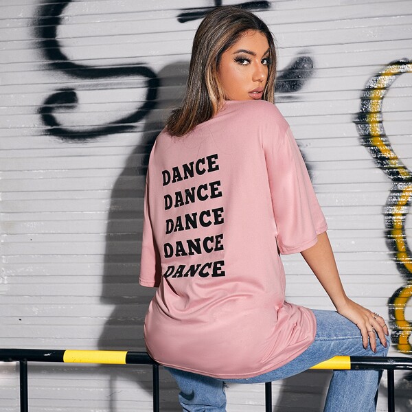 

Letter Graphic Drop Shoulder Longline Tee, Pastel dusty pink