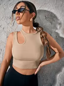 Chiquease Áo nữ Cắt ra màu trơn Giải trí - Màu Khaki - Xem 1