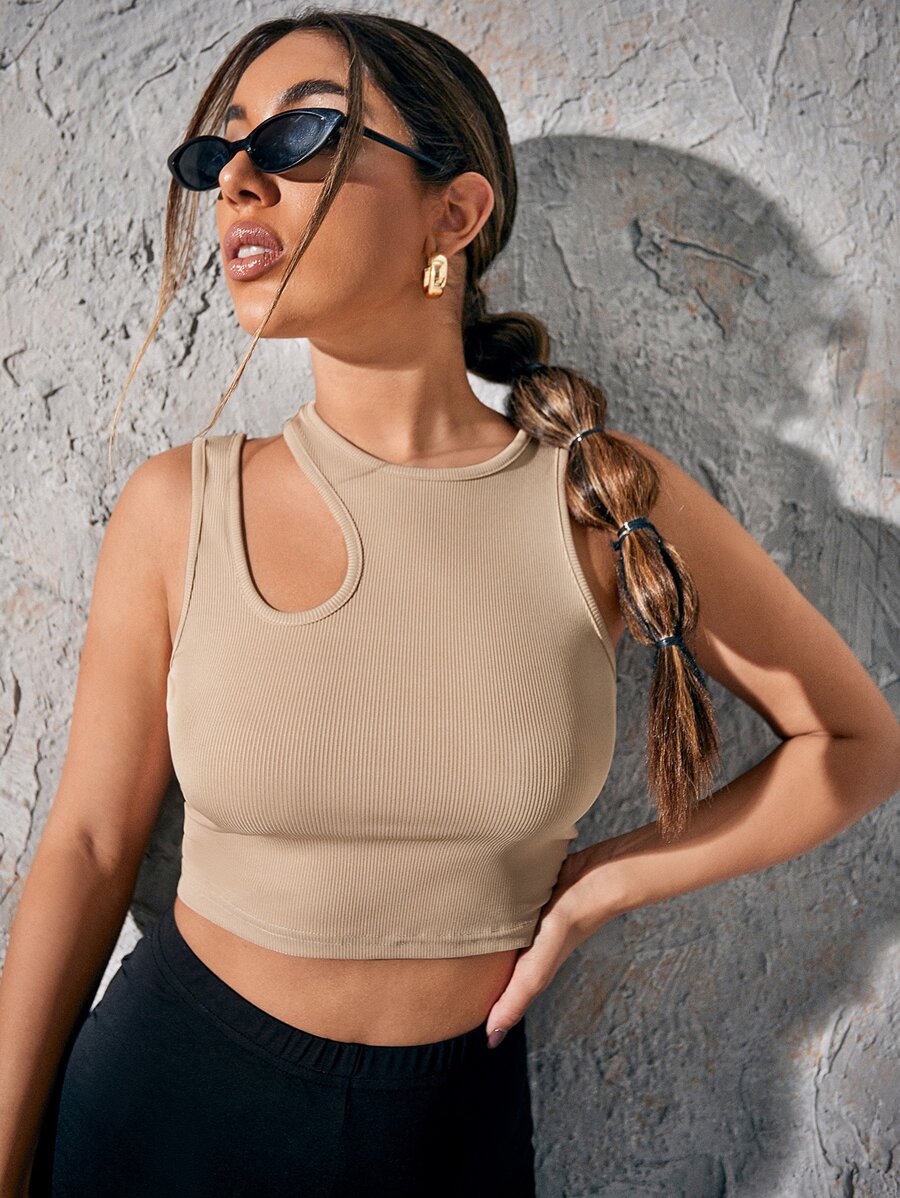 Chiquease Áo nữ Cắt ra màu trơn Giải trí - Màu Khaki - Xem 1