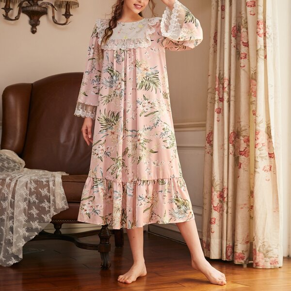 

Embroidered Mesh Ruffle Hem Floral Print Satin Nightdress, Baby pink
