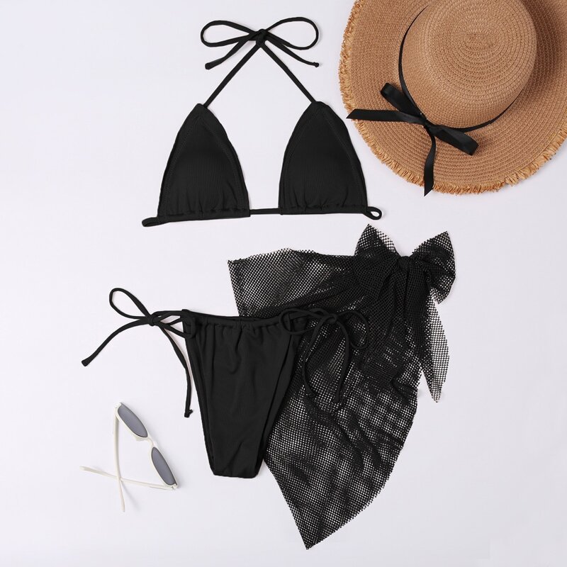 

3pack Triangle Thong Bikini Swimsuit & Beach Skirt, Black