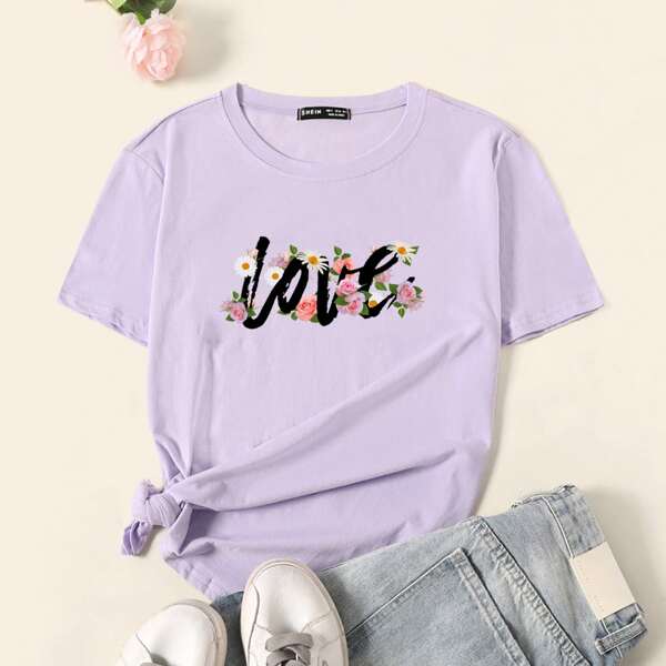 

Letter & Floral Print Tee, Lilac purple