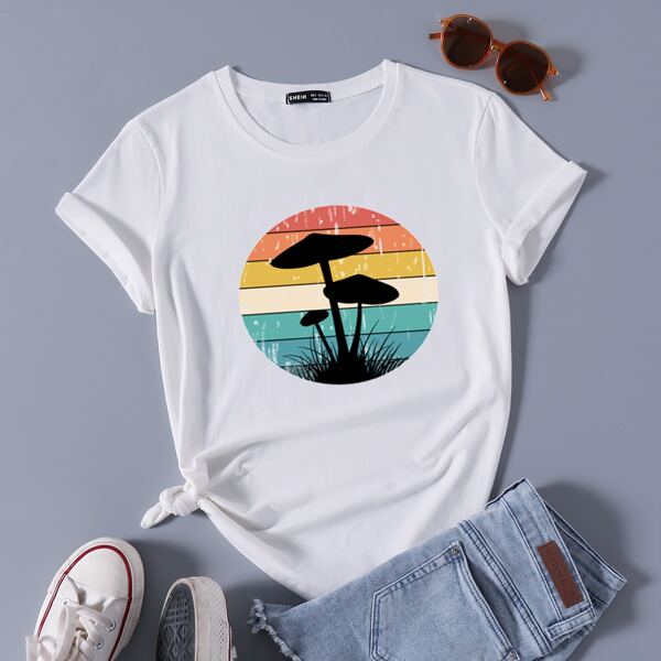 

Mushroom Print Round Neck Tee, White