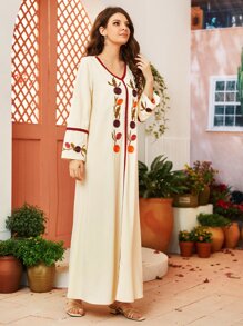 Vestido con cinta en contraste con bordado floral - Albaricoque - Ver 5