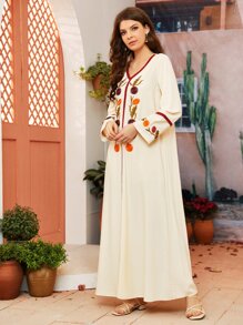 Vestido con cinta en contraste con bordado floral - Albaricoque - Ver 6