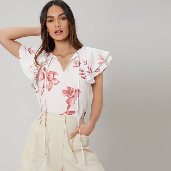 

TIE NECK LAYERED SLEEVE TOP, White