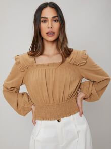 SHEIN Top corto de lino con fruncido - Caqui - Ver 1