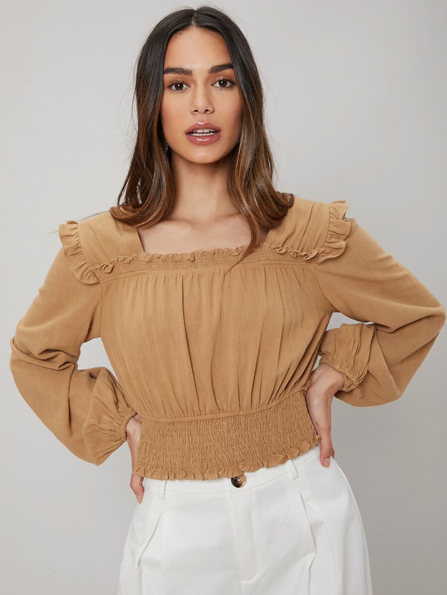 SHEIN Top corto de lino con fruncido - Caqui - Ver 1