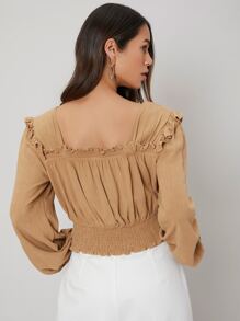 SHEIN Top corto de lino con fruncido - Caqui - Ver 2