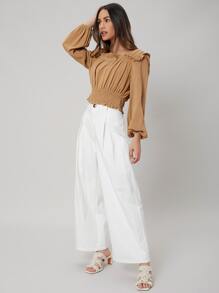 SHEIN Top corto de lino con fruncido - Caqui - Ver 4