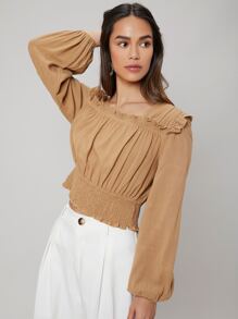 SHEIN Top corto de lino con fruncido - Caqui - Ver 5