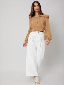 SHEIN Top corto de lino con fruncido - Caqui - Ver 7