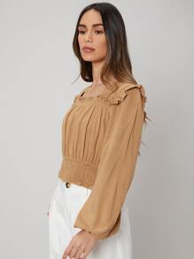 SHEIN Top corto de lino con fruncido - Caqui - Ver 9