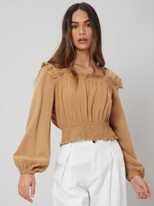 SHEIN Top corto de lino con fruncido - Caqui - Ver 10