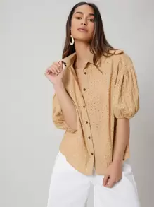 SHEIN 網眼刺繡燈籠袖襯衫