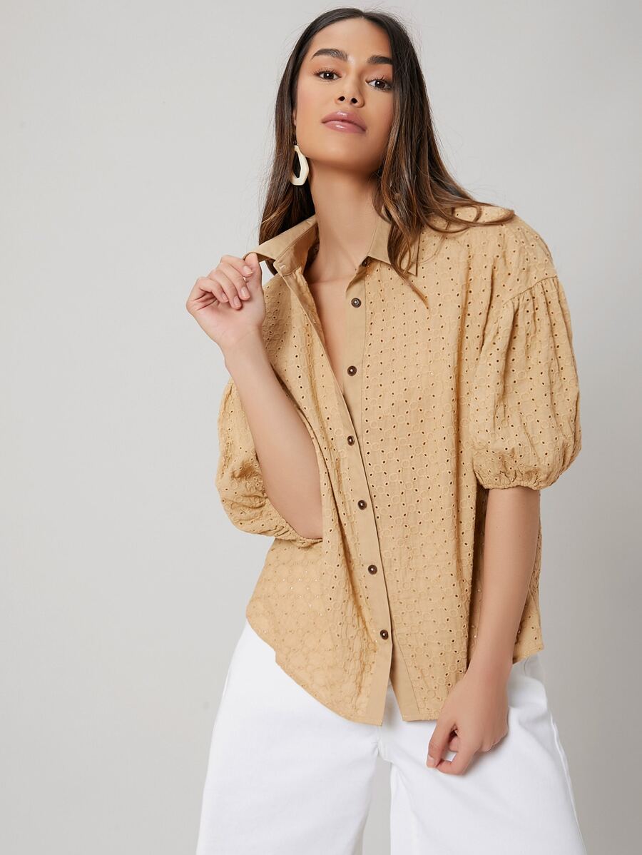 SHEIN 網眼刺繡燈籠袖襯衫