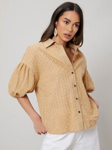 SHEIN 網眼刺繡燈籠袖襯衫