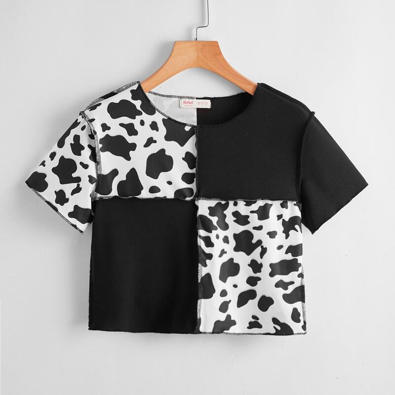 

Stitch Trim Cow Print Ribbed Tee, Black and white