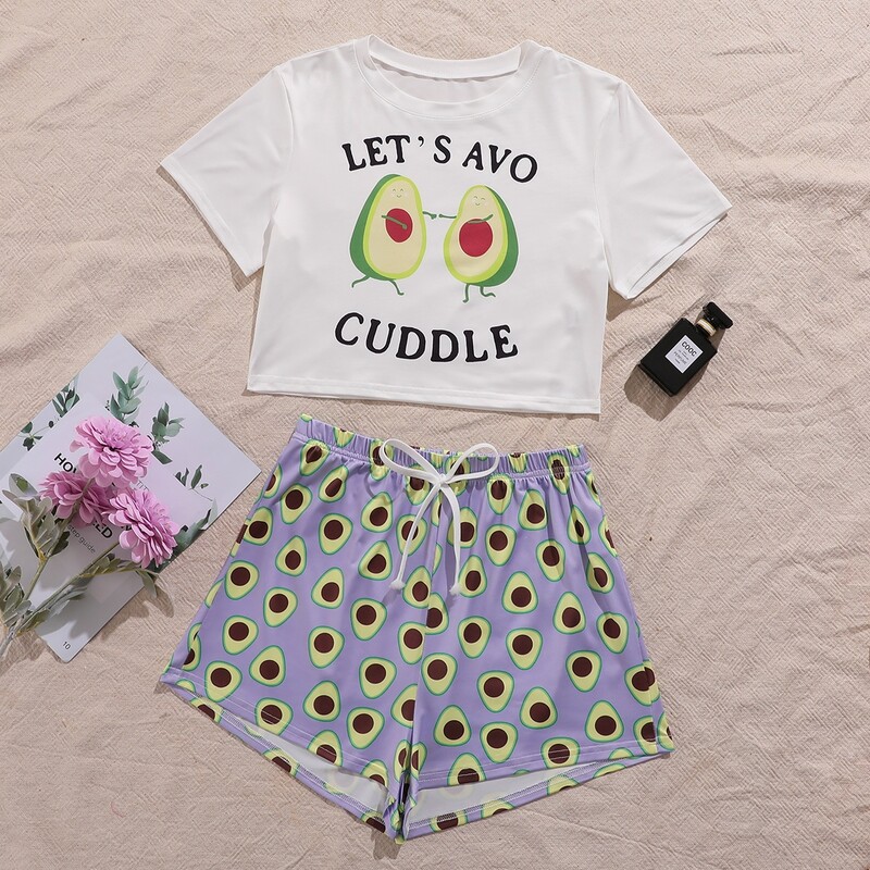 

Letter Graphic Top With Allover Avocado Shorts Pajama Set, Multicolor