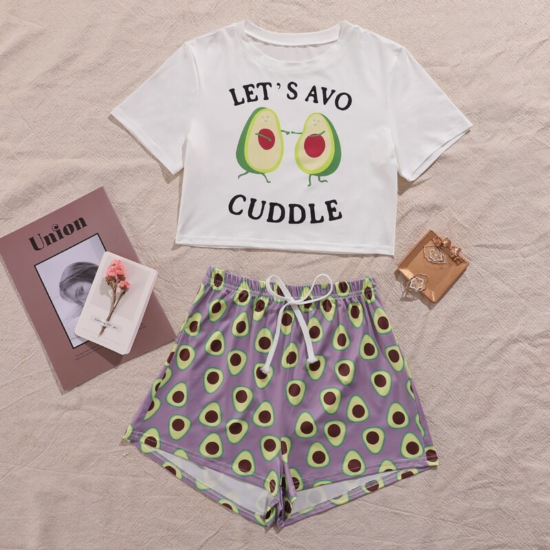 

Letter Graphic Top With Allover Avocado Shorts Pajama Set, Multicolor