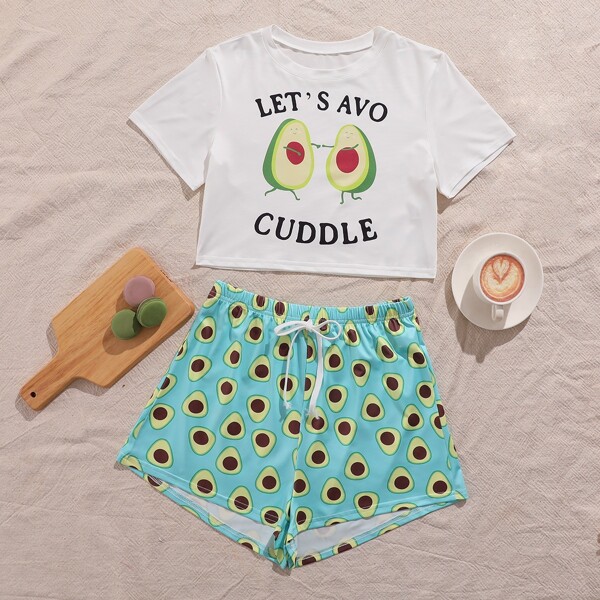 

Letter Graphic Top With Allover Avocado Shorts Pajama Set, Multicolor