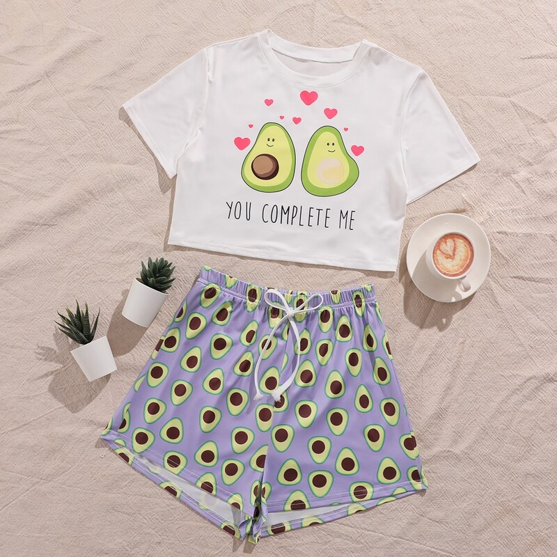 

Slogan Graphic Top With Allover Avocado Shorts Pajama Set, Multicolor