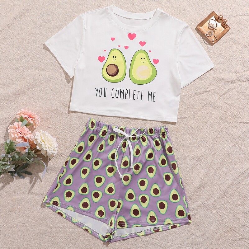 

Slogan Graphic Top With Allover Avocado Shorts Pajama Set, Multicolor