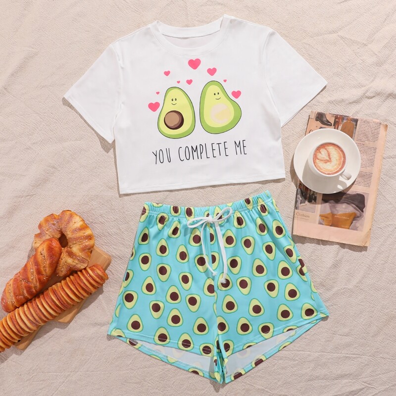 

Slogan Graphic Top With Allover Avocado Shorts Pajama Set, Multicolor