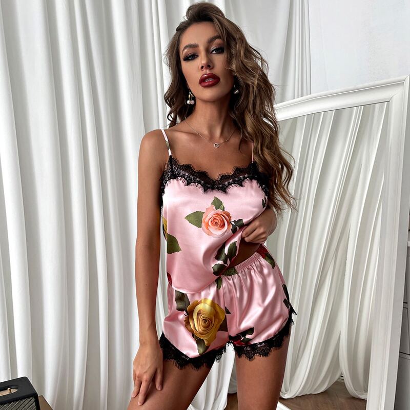 

Satin Contrast Lace Floral Cami Night Set, Pink