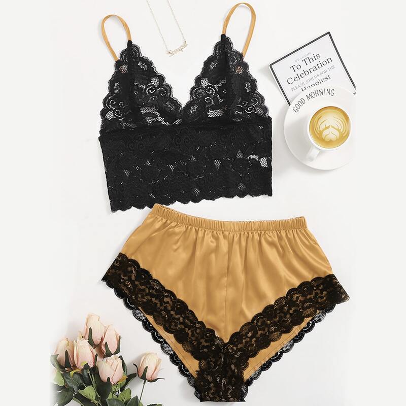 

Lace Cami Top With Satin Shorts PJ Set, Multicolor